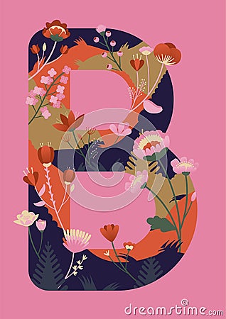 Letter with flowers vector illustration. Modern drawing of letter B in vibrant colors. Stylised alphabet Vector Illustration